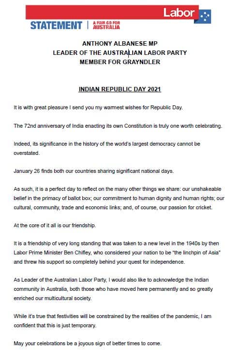 'It is a friendship of very long standing': Labor leader Anthony Albanese delivers India's Republic Day greetings