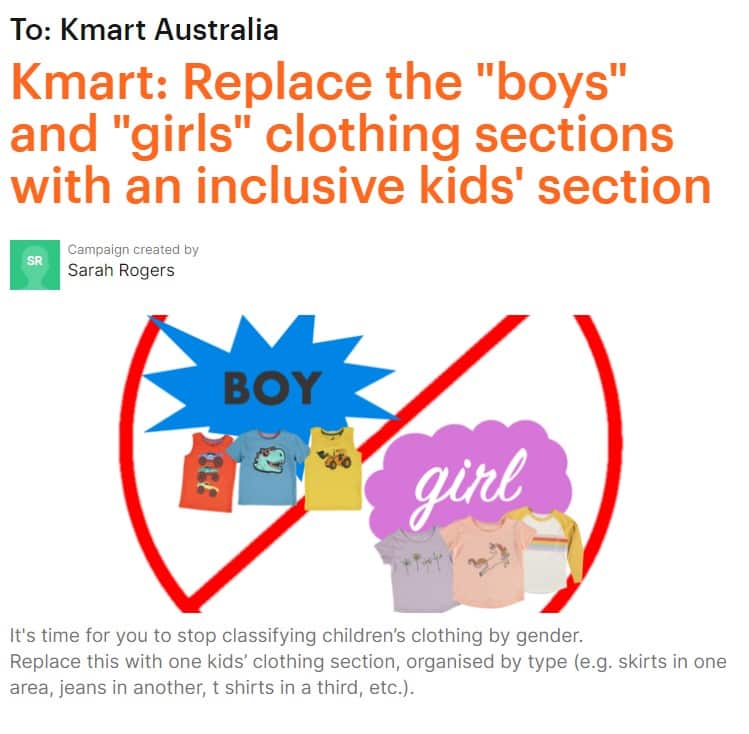 请愿者要求Kmart停止划分男女童装区