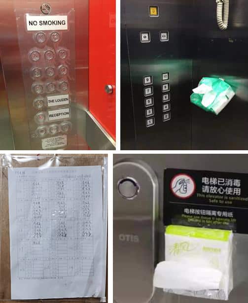 . Various strategies used in public lifts. Above left, in Melbourne; above right and below left, in Kunming; below right, in Guangzhou. 