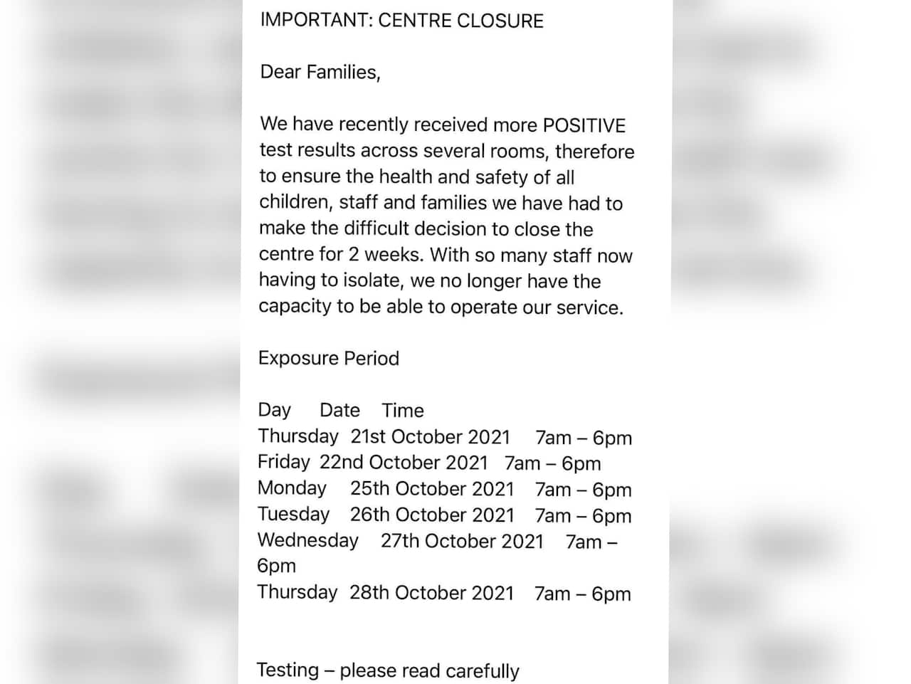 Thông báo từ nhà trẻ về việc trường đóng cửa và các bé phải tự cách ly tại nhà.