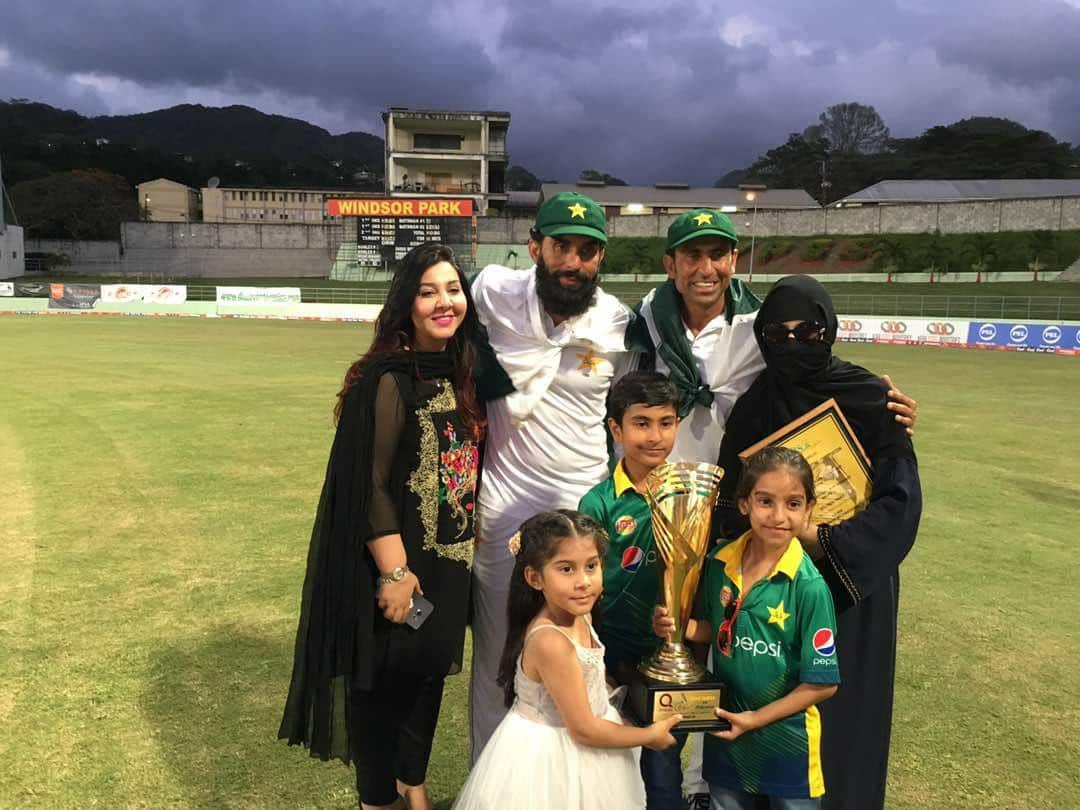 Misbah ul Haq and Younis Khan with family after winning test series against West Indies