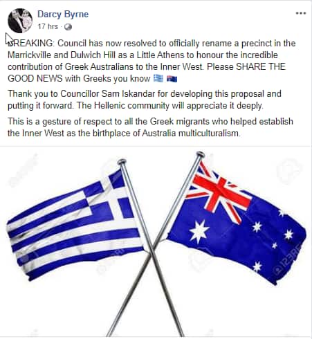 Darcy Byrne, Mayor of the Inner West Facebook post on sydney's "Little Athens". 