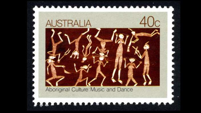 A 40 cent stamp featuring artwork by Aboriginal rock artist Wamud Namok, Nov 17, 1982. 