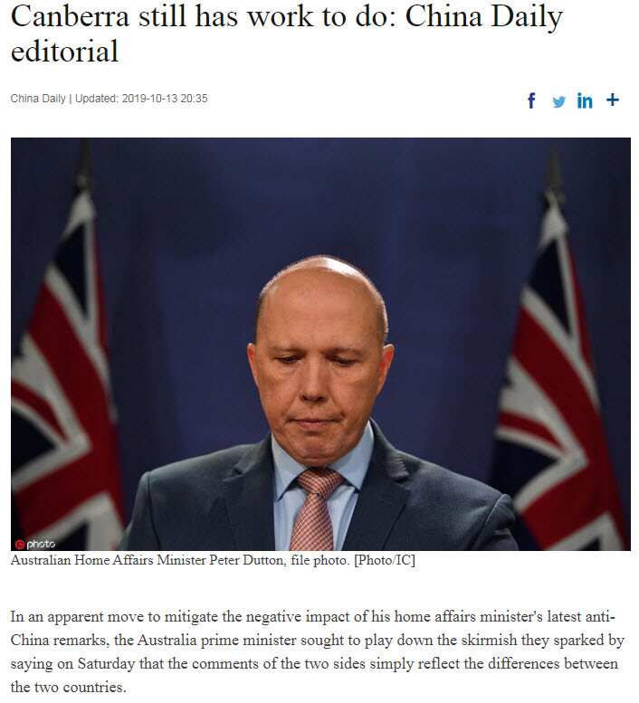 China Daily sharply criticised Dutton