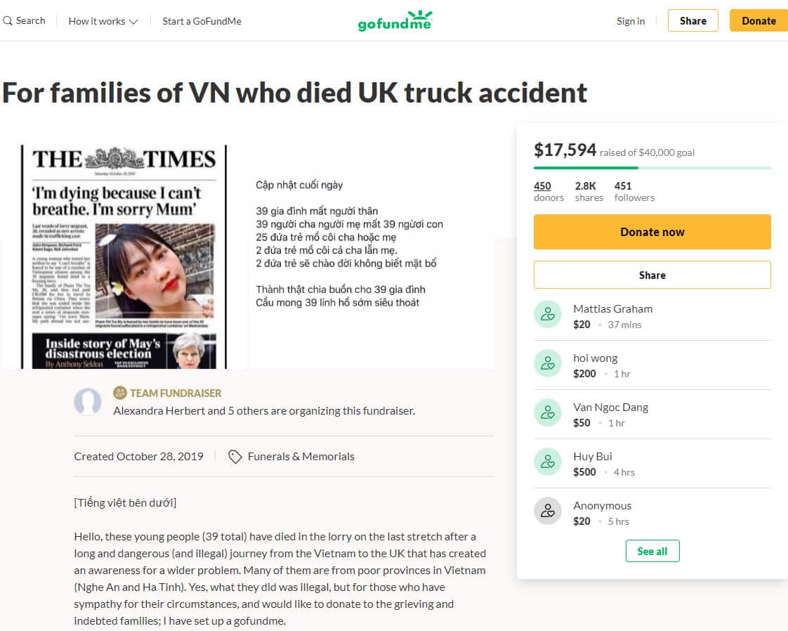 GoFundMe page: For families of VN who died UK truck accident