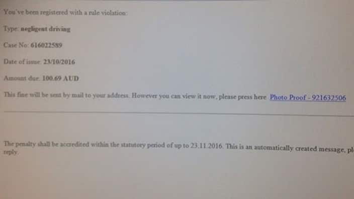 Screenshot image of a fake traffic fine.