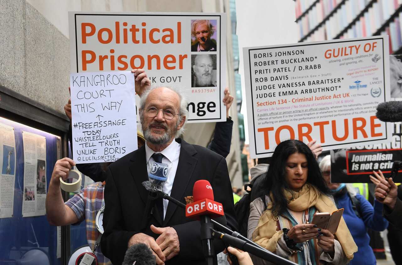 John Shipton, the father of Julian Assange, speaks outside the Old Bailey, London.