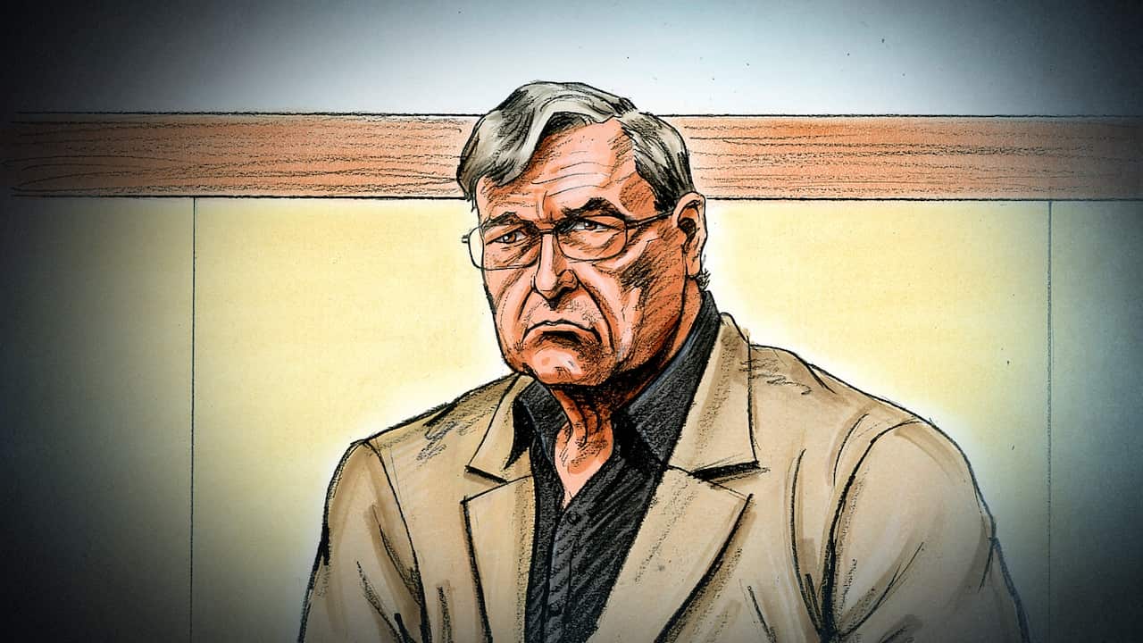 A court artist sketch of Cardinal George Pell at the County Court in Melbourne.