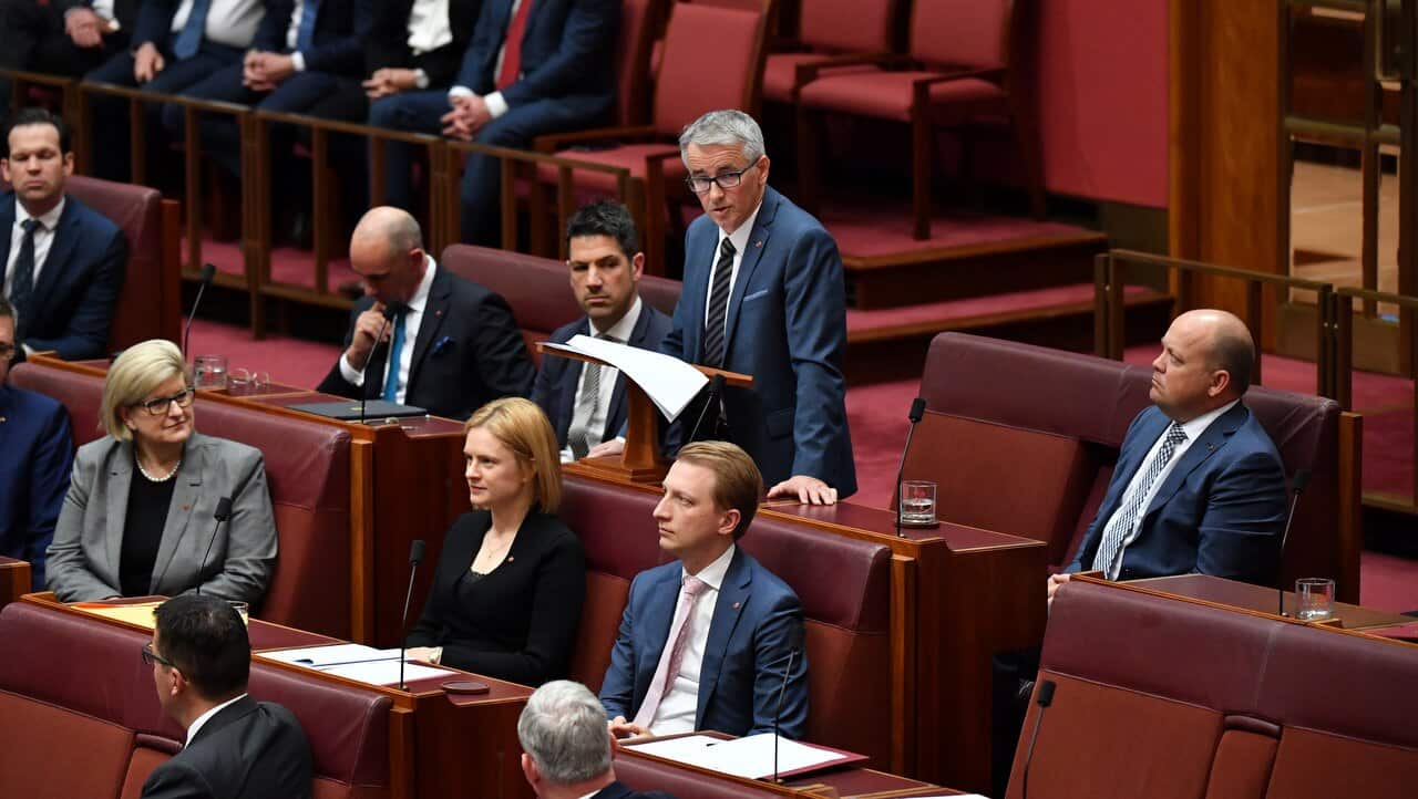 LNP senator Gerard Rennick makes his first speech in the Senate Chamber at Parliament House in Canberra.