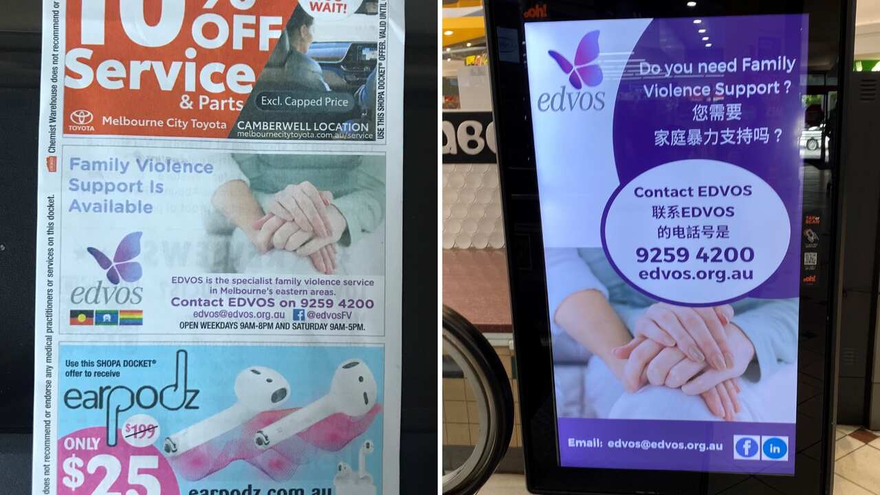 The 'shop-a-docket' campaign (left) and contact information in Melbourne supermarkets. 