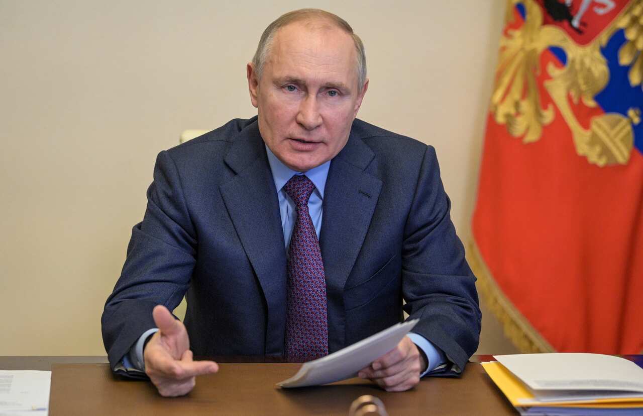 Russian President Vladimir Putin attends a video conference joint meeting of the State Council Presidium and the Agency for Strategic Initiatives.