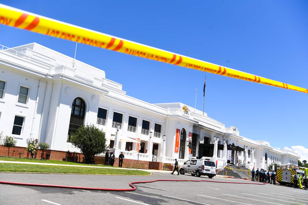 A view of fire damaged entrance doors to Old Parliament House in Canberra.