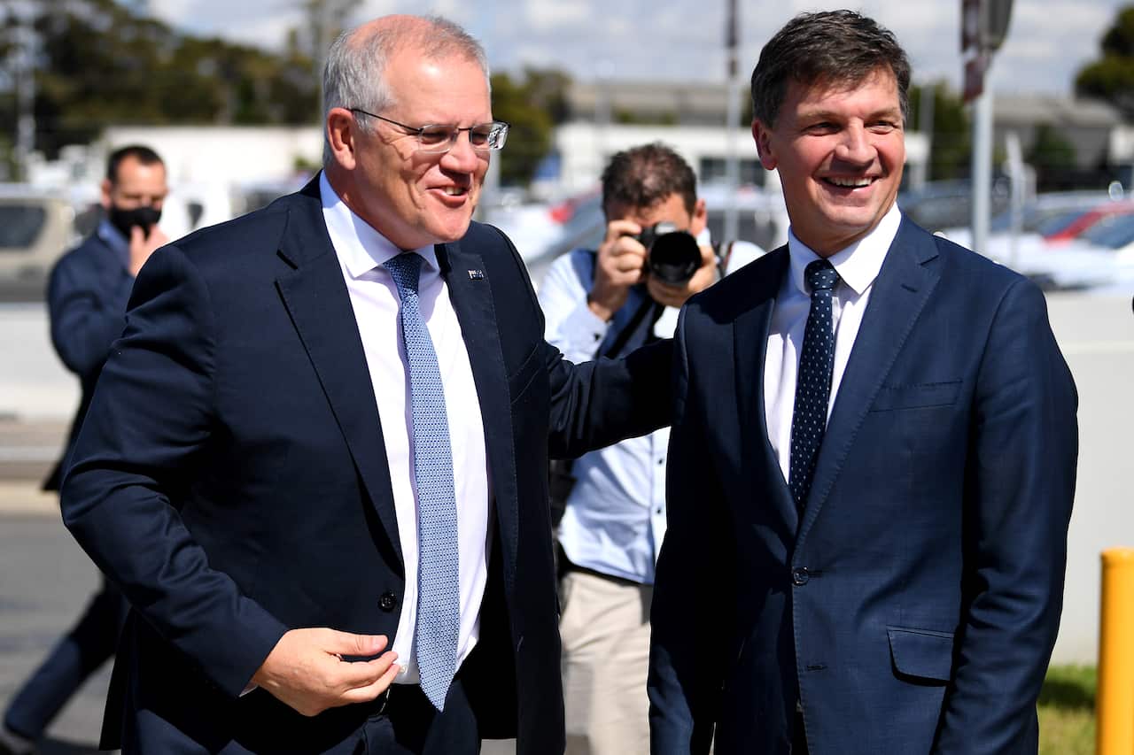 Prime Minister Scott Morrison and Minister for Energy Angus Taylor ahead of a tour of the Toyota Hydrogen Centre in Altona, Melbourne, 9 November, 2021.