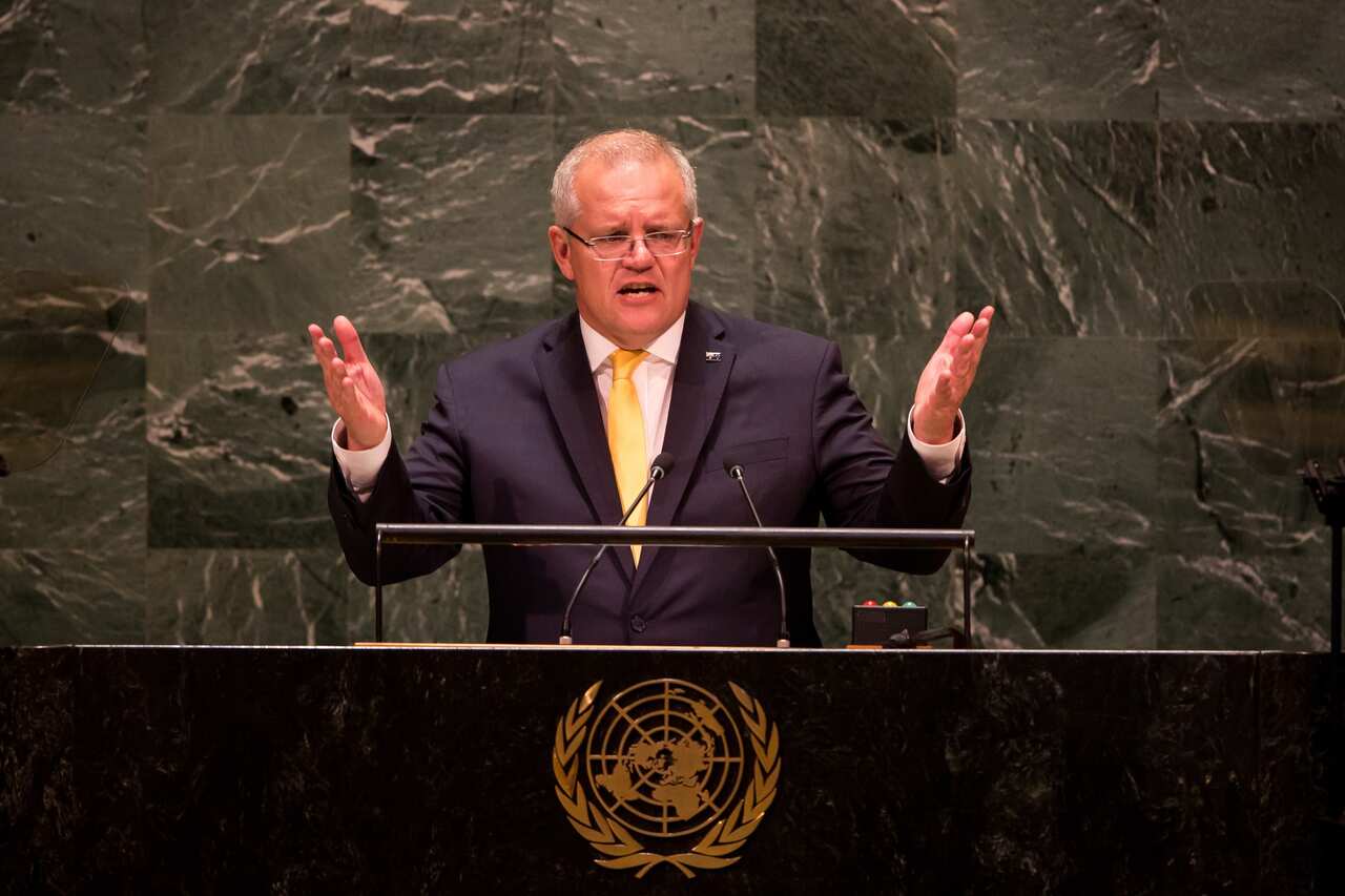 Prime Minister Scott Morrison addresses the United Nations at United Nations Headquarters in New York, New York.