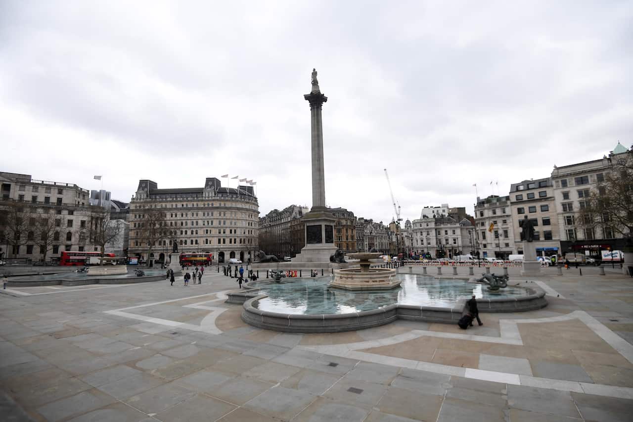 An almost empty Trafalgar Square in London, Britain, as Londoners avoid pubic spaces due to Coronavirus fears.