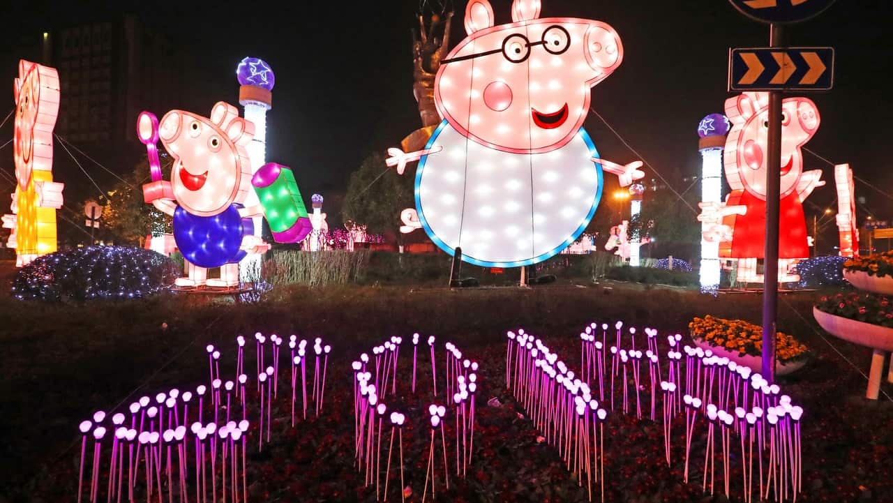 Colorful and illuminated lanterns featuring shaped of Peppa Pig are exhibited to mark the Spring Festival.