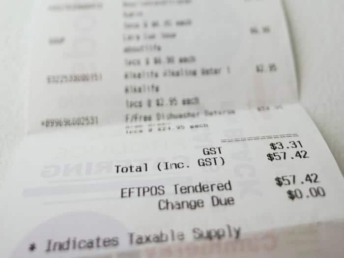 The GST component is seen printed on a grocery receipt in Canberra, Monday, Nov. 2, 2015. (AAP Image/Lukas Coch) NO ARCHIVING