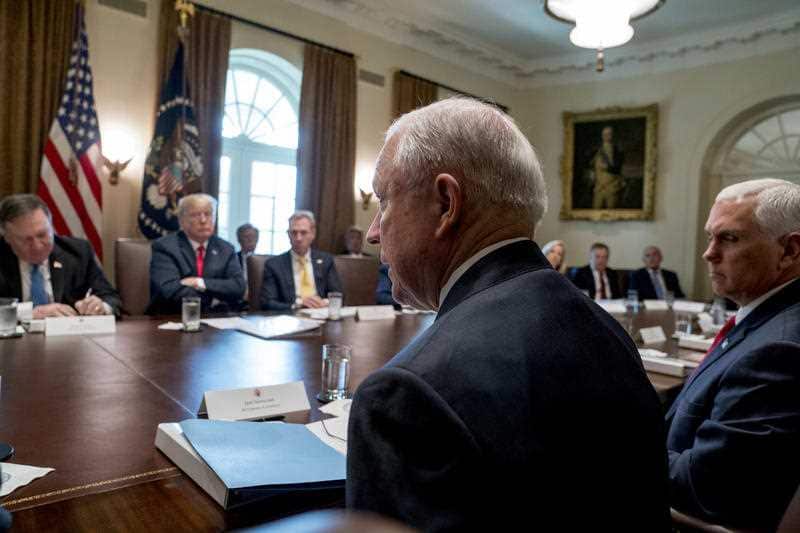 Attorney General Jeff Sessions, Secretary of State Mike Pompeo, left, President Donald Trump, second from left, Vice President Mike Pence at the White House