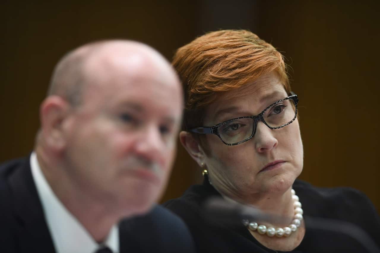 Australian Foreign Minister Marise Payne (right) appears at Senate estimates hearing at Parliament House in Canberra, Wednesday, October 24