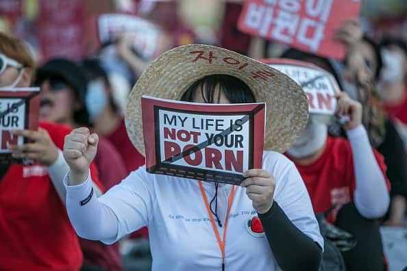 South Korean women protest against sexism and hidden camera pornography on August 4, 2018 in Seoul, South Korea.