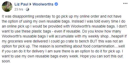 Liz Paul‎ complaining about Woolworths plastic bag ban