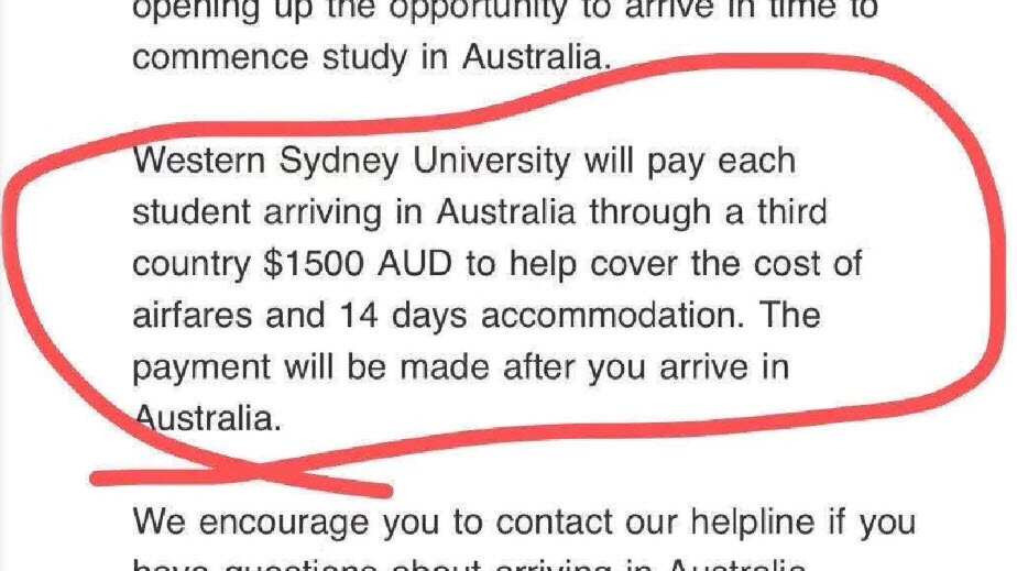 A screenshot of a Wednesday email from Western Sydney University that is being shared online by Chinese students.