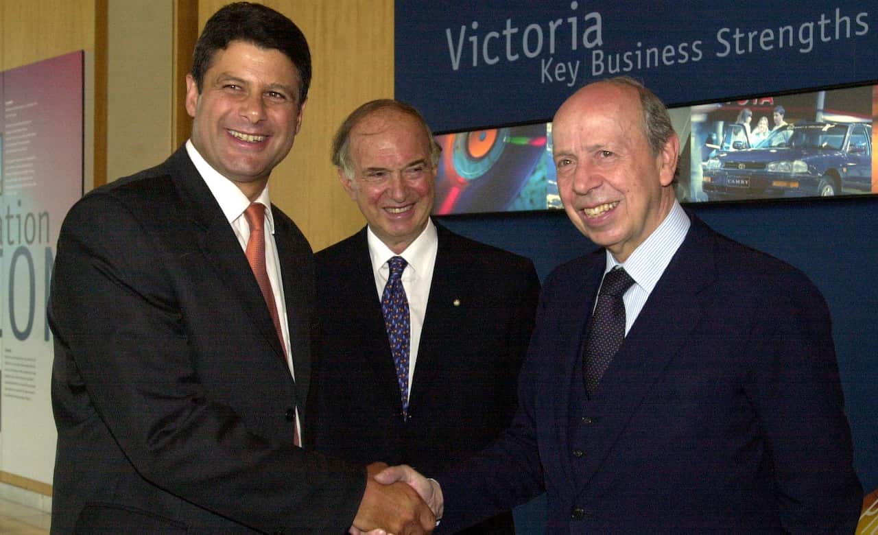 Melbourne. February 9 2001. Victorian Premier Steve Bracks greets Italian Minister for Foreign affairs Lamberto Dini at 55 Collins St., Melbourne.