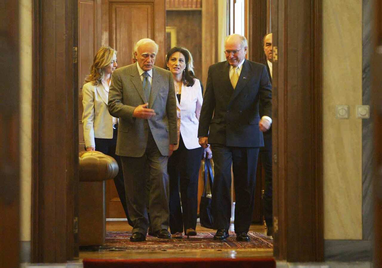 Athens, April 27, 2005. Prime Minister John Howard (right) meeting with President of Greece, Karolos Papoulias at the Presidential Palace, in Athens, Greece, today. (AAP Image/Fairfax POOL/Penny Bradfield)