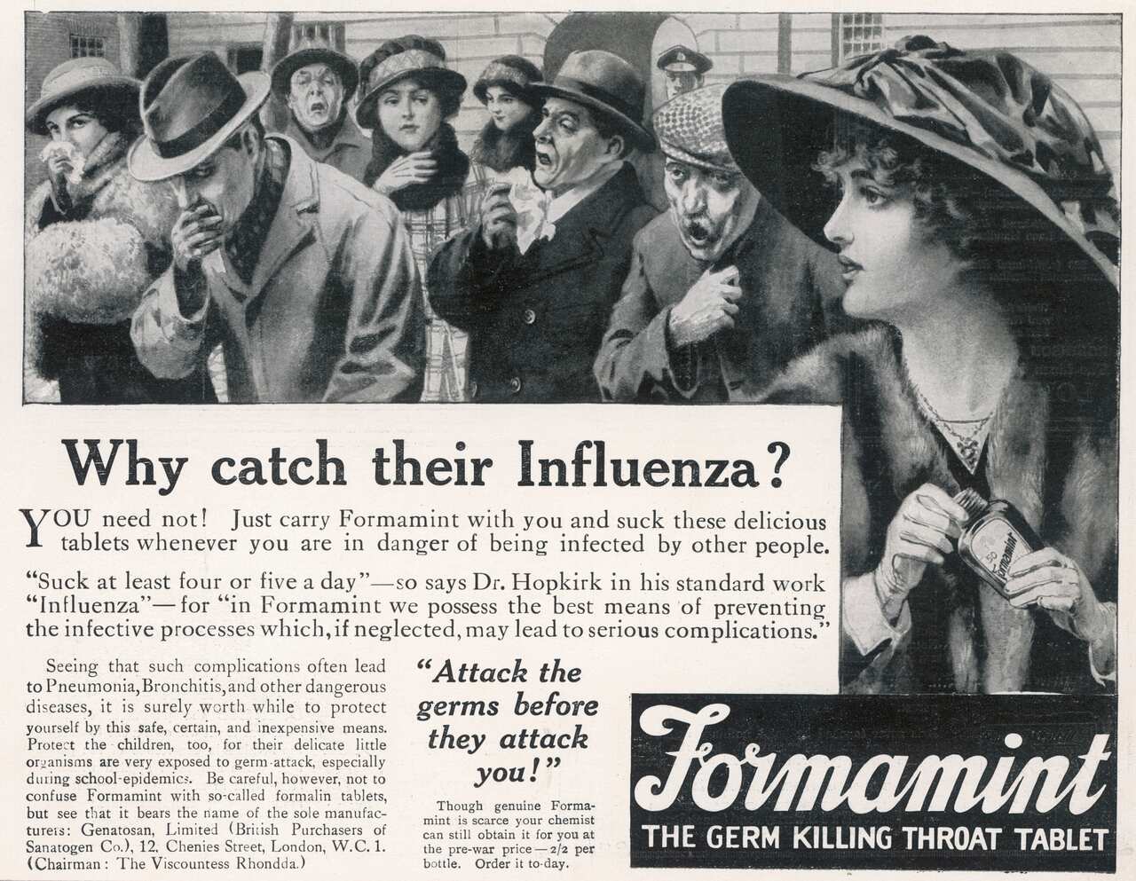 An advert for Formamint germ  killing throat tablets to ward  against the spread of  influenza which killed  millions at the end of World  War One.     Date: 16 November 1918