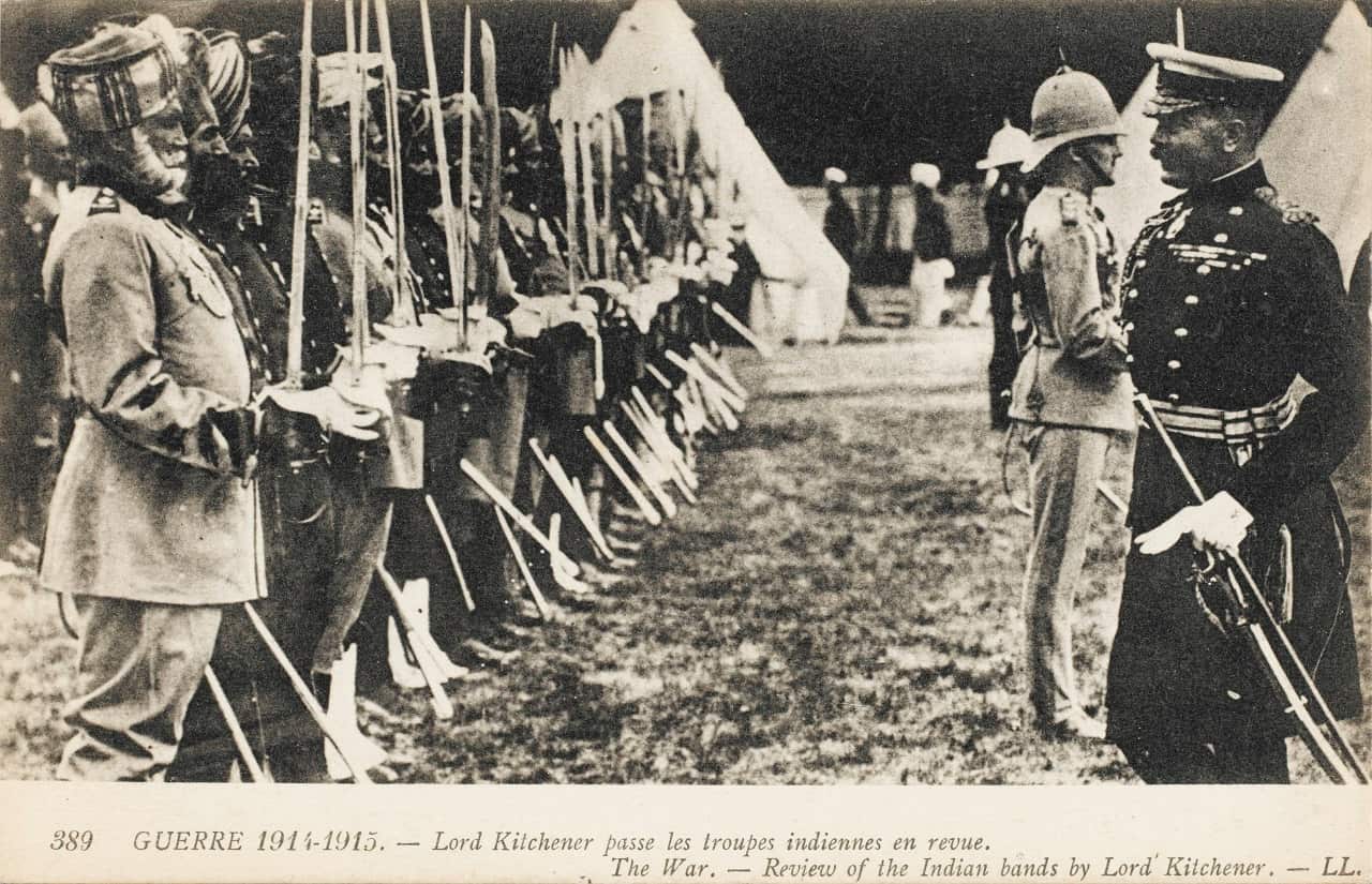 Field Marshal Horatio Herbert Kitchener, 1st Earl Kitchener, reviewing Indian troops - World War one era. 