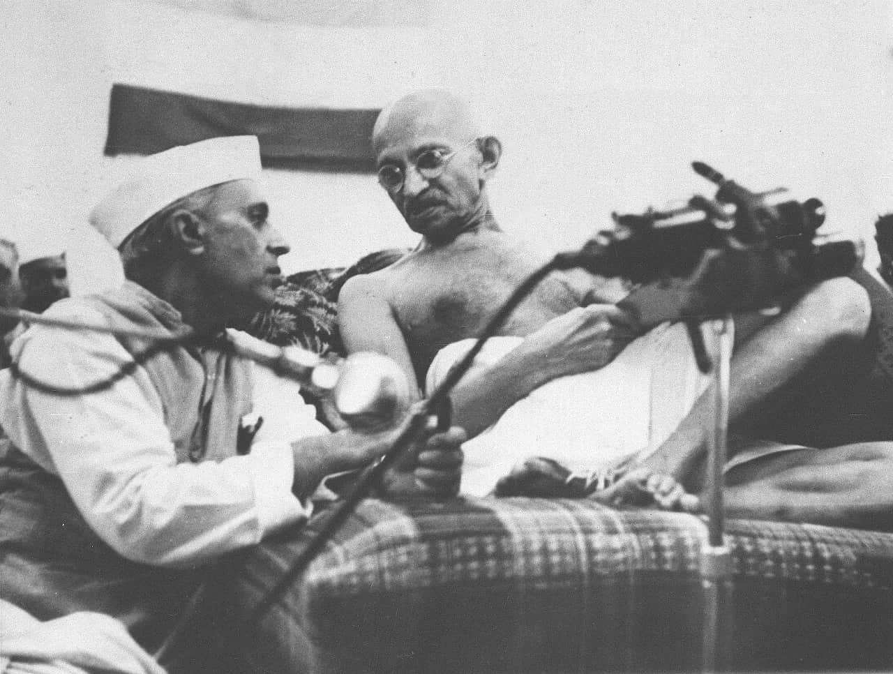 Jawaharlal Nehru, left, and Mahatma Gandhi