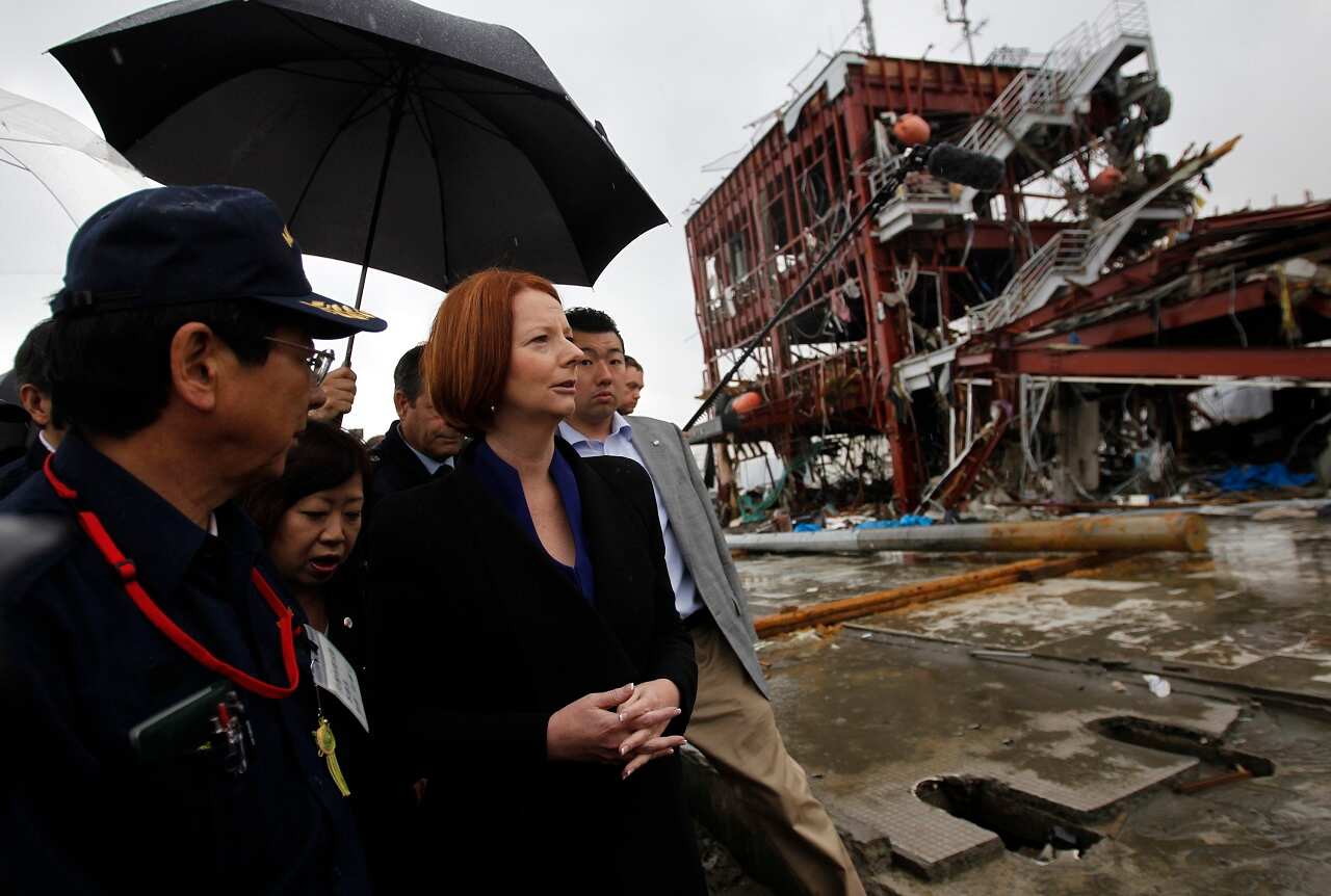 Australia's PM Julia Gillard Minamisanriku town, Miyagi prefecture, after the area was devastated by the March 11 earthquake and tsunami, April 23, 2011. 