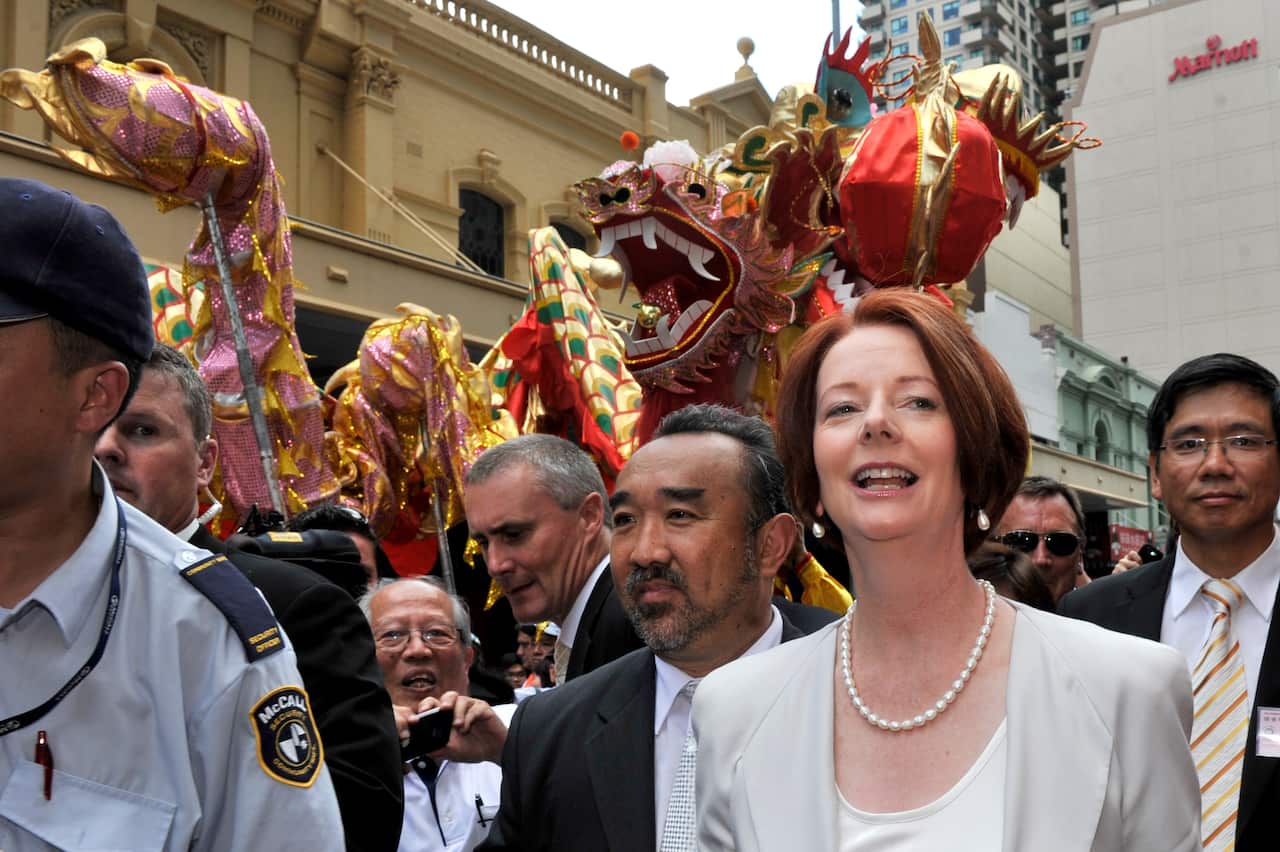 Former Prime Minister Julia Gillard during a visit to Chinatown ahead of Lunar New Year celebrations in 2012. 
