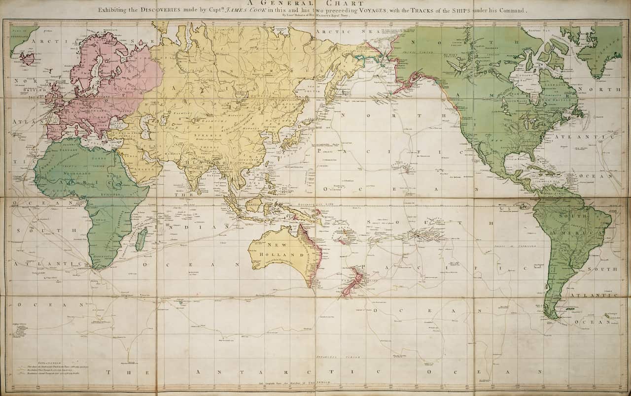A general chart exhibiting the discoveries made by Captain James Cook in this and his preceeding voyages with tracks of the ships under his command.     Date: