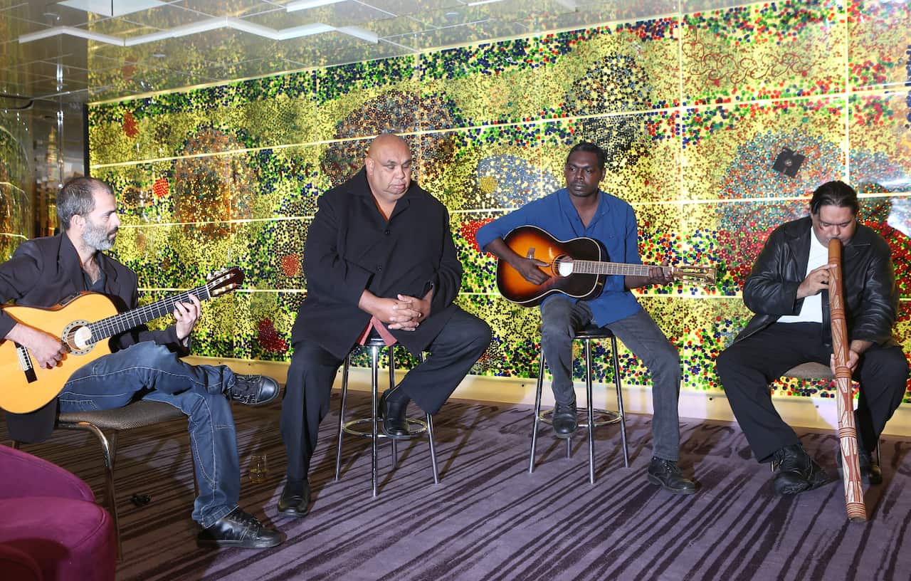 Indigenous musicians (L to R ) Francis Diatschenko, Kutcha Edwards, Rrawun Maymura and William Barton attend a media preview in Melbourne for the National Indigenous Music awards for 2013, Thursday, May 16, 2013. The National Indigenous Music Awards  are 