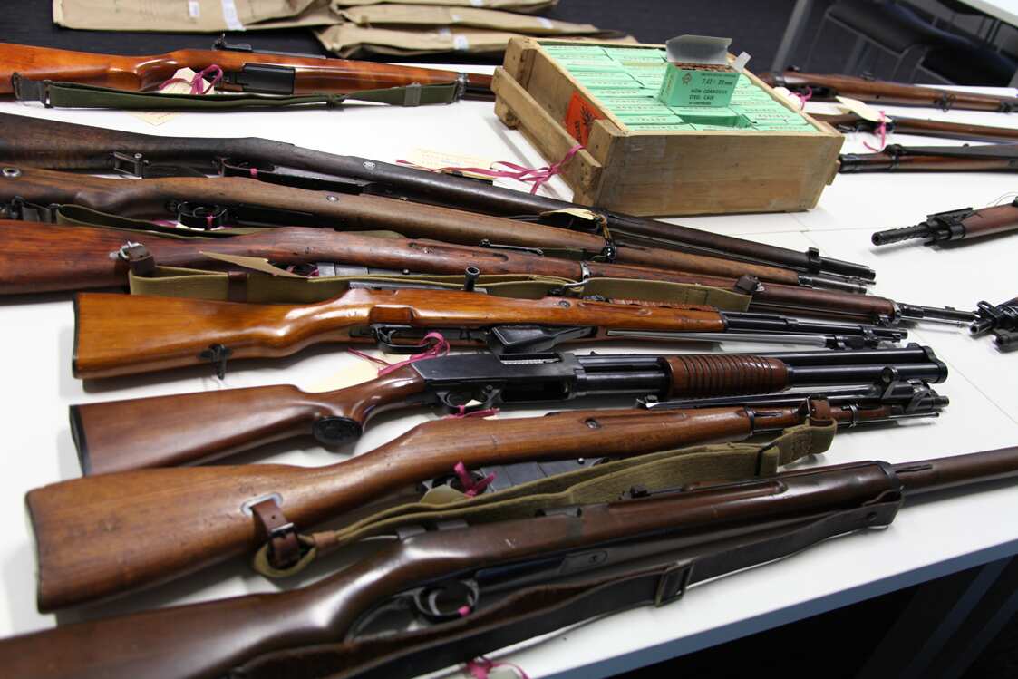 A supplied image obtained Friday, May 31, 2013 of illicit handguns on display at the Sydney Police Centre in Sydney, Friday, May 31, 2013. 
