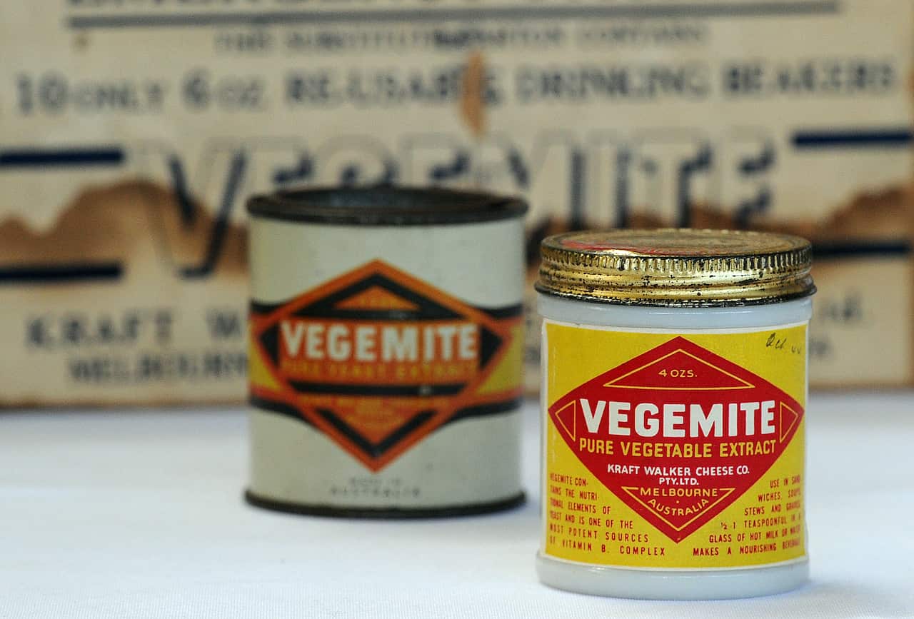 Vintage vegemite jars at the Vegemite factory in Melbourne, Thursday, Oct. 24, 2013. As Vegemite celebrates its 90th anniversary, there are, on average, two jars of Vegemite sold in Australia every three seconds. (AAP Image/Julian Smith) NO ARCHIVING