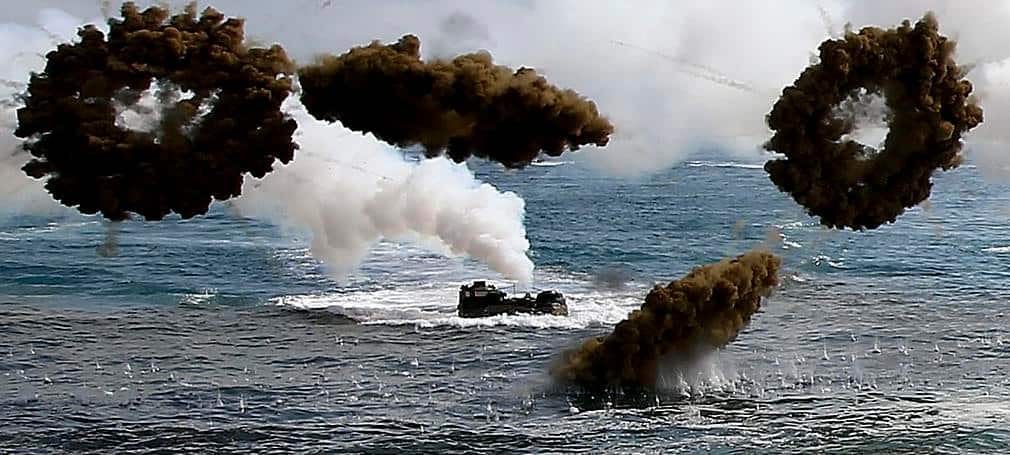 US & South Korean marines participate in an annual Combined Joint Logistics over the Shore exercise against a possible attack from North Korea, in Pohang, 2014.