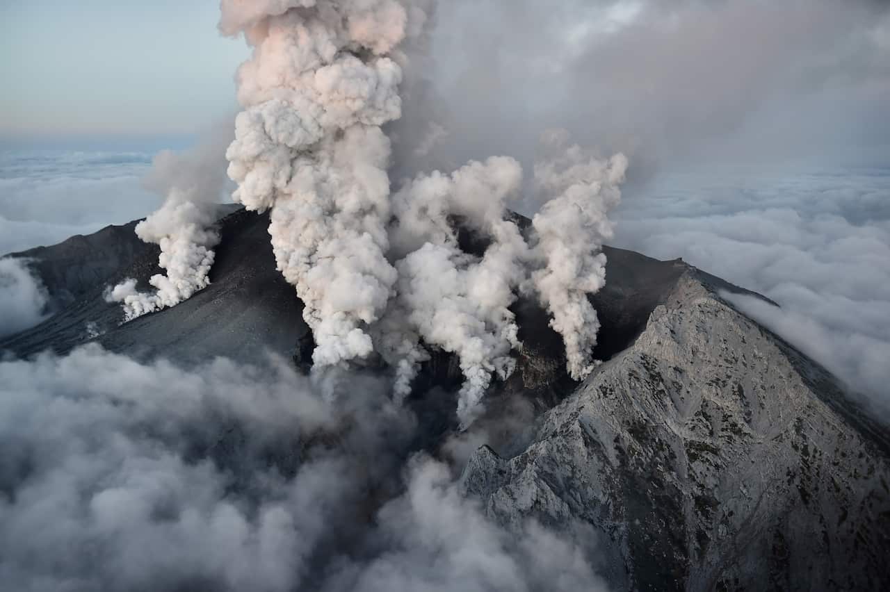 the volcano of  Mt. Ontake,  a volcano  spewing gray smoke up into the sky in between Gifu and Nagano Prefecture, central Japan on Sept. 27, 2014. The voclcano, straddling the two prefectures, erupted for the first time in 7 years.