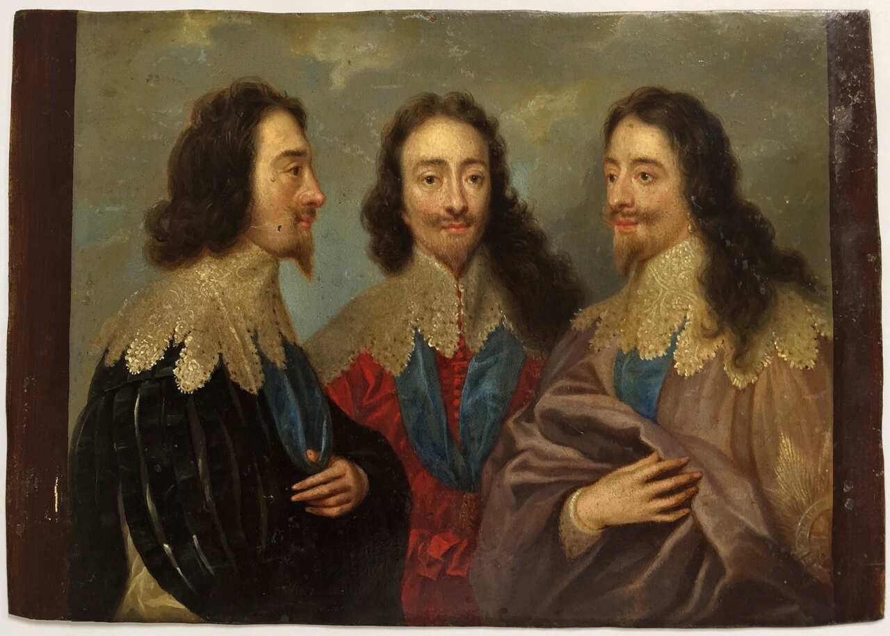 This image provided by the Monuments Men Foundation shows a copy of a painting titled "King Charles I in Three Positions Kings," possibly attributed to the school of Anthony an Dyck, oil on copper. The painting, one of five missing since World War II, are