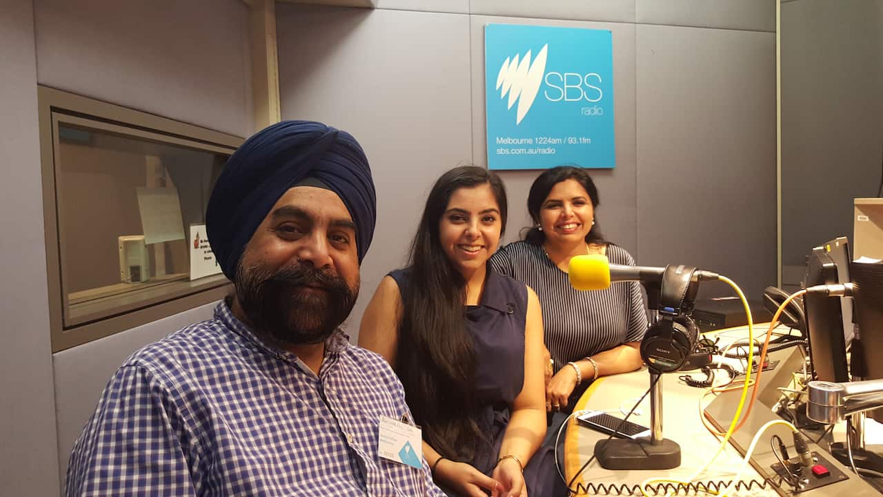 Harnoor Kaur with her parents at SBS Studio, Melbourne