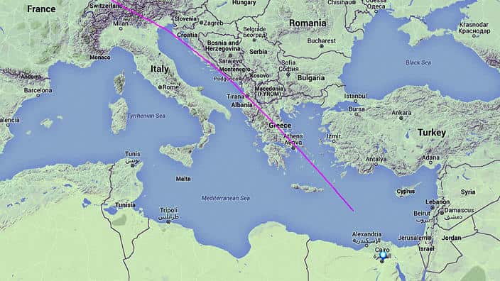 The track displayed on Flightradar24 showing the EgyptAir aircraft travelling from Paris to Cairo 