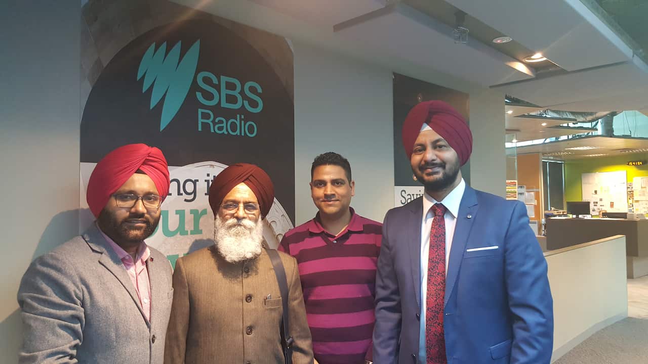 Dr Surjit Patar, Judgebir Singh (L), Ajit Chauhan (M) and Preetinder Grewal (R) at SBS Studio Melbourne