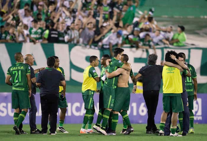 Players of Brazil's Chapecoense celebrate at the end of a Copa Sudamericana semifinal match against Argentina's San Lorenzo in Chapeco, Brazil, Nov. 23, 2016.  