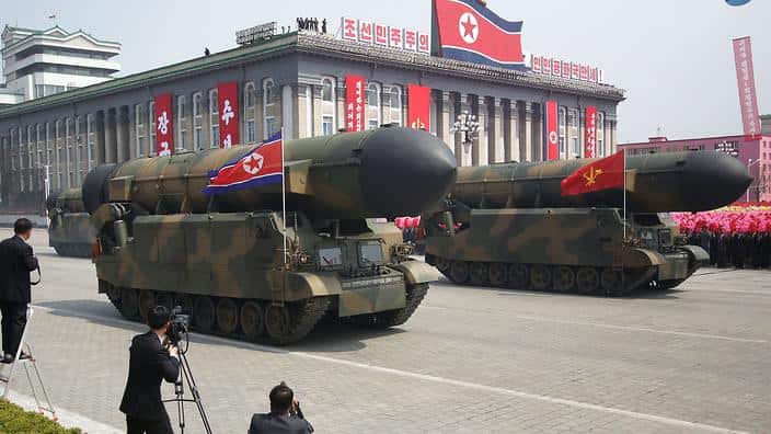 Off-road missile transport is paraded across Kim Il Sung Square during a military parade on Saturday, April 15, 2017, in Pyongyang, North Korea.