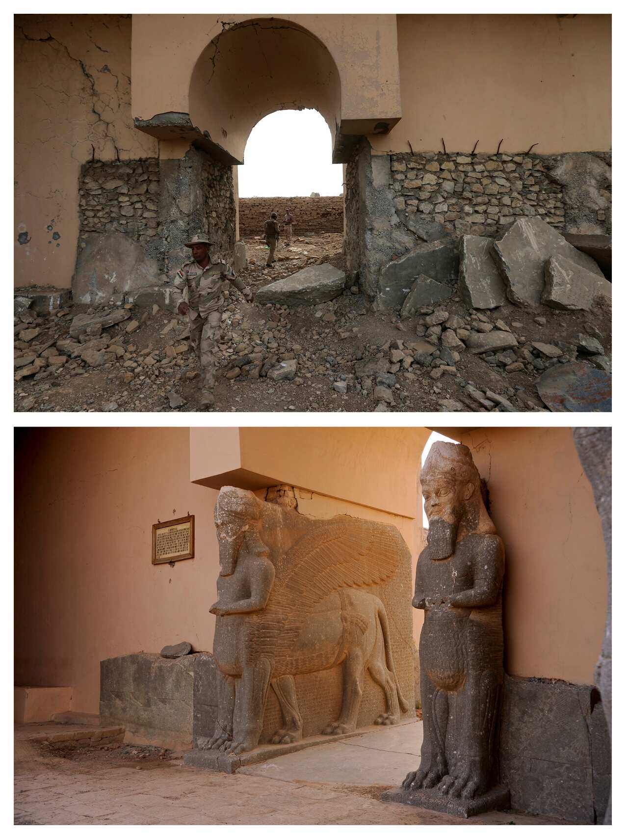 The ancient site of Numrud before (below) and after (above) it was destroyed by ISIS miltants.