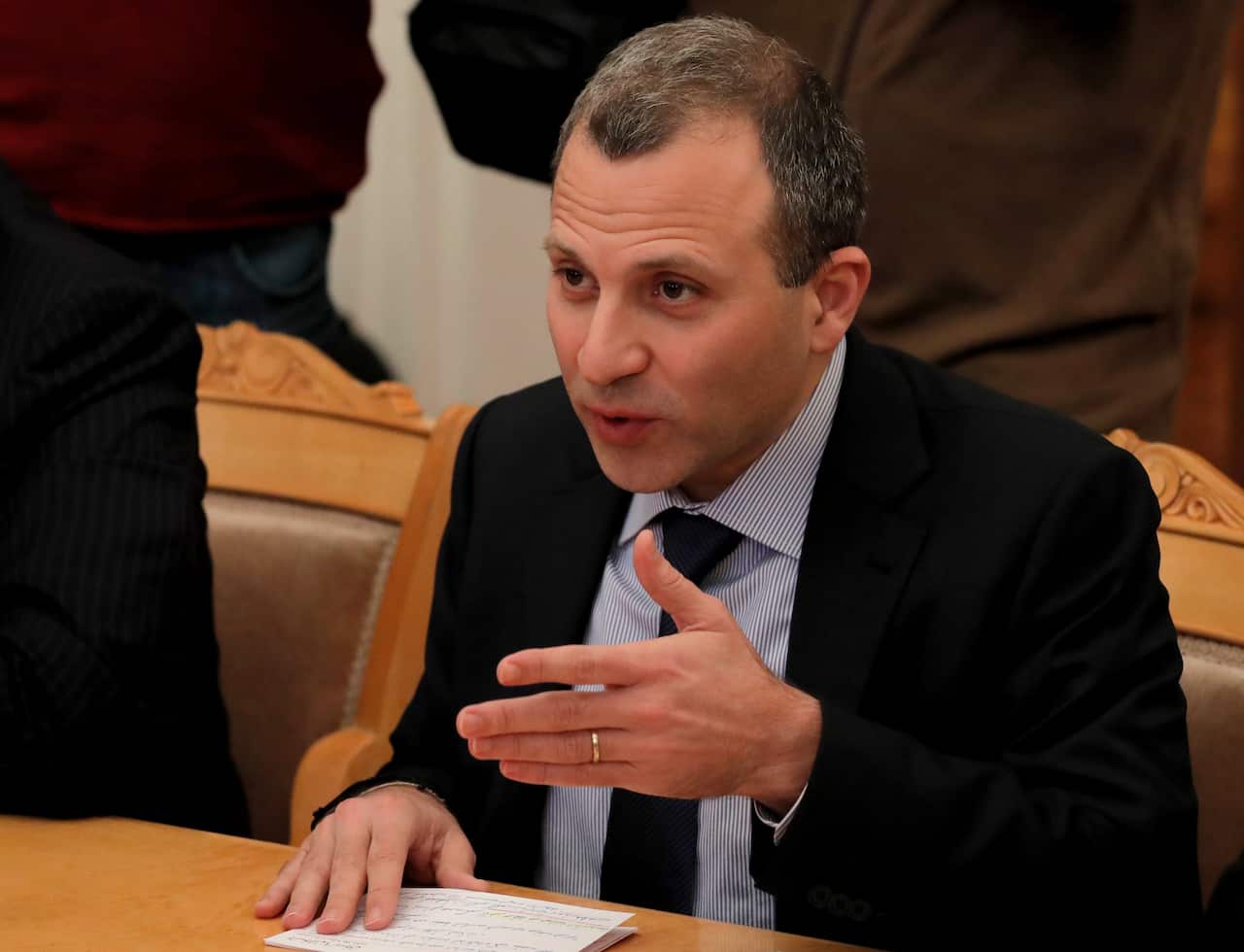 Lebanese Foreign Minister Gebran Bassil gestures during meeting with Russian Foreign Minister Sergei Lavrov 