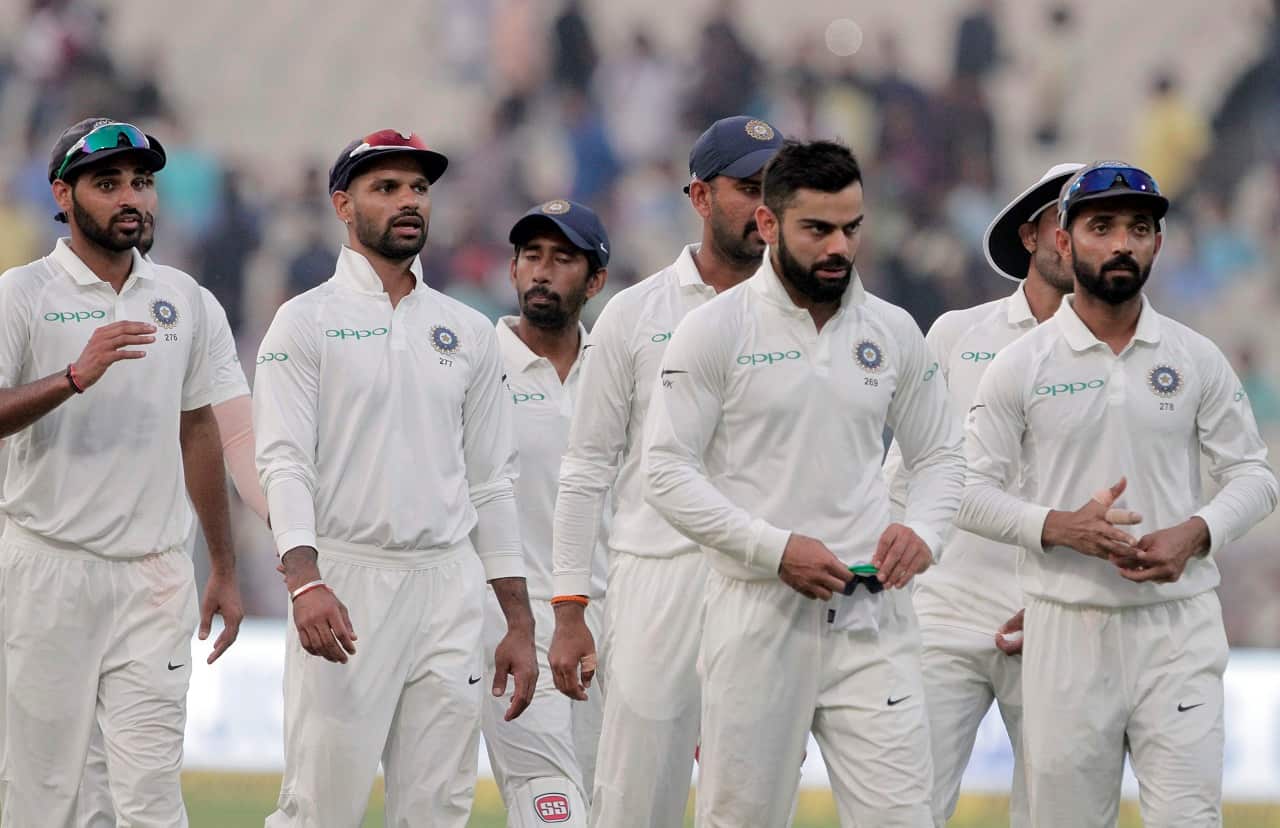 India's captain Virat Kohland teammates leave the field during their first test cricket match against Sri Lanka in Kolkata Nov 20 2017. 