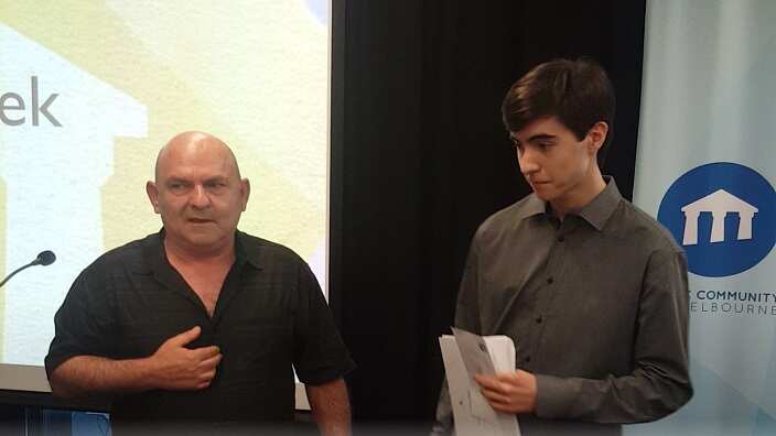 Ancient Greek language student Karl Raymond Zelesco with Ancient Greek teacher, Alexandros Giannadakis.