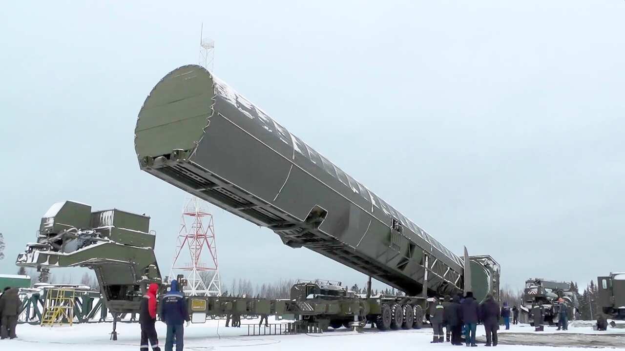 Russia's new Sarmat intercontinental missile is shown at an undisclosed location in Russia.